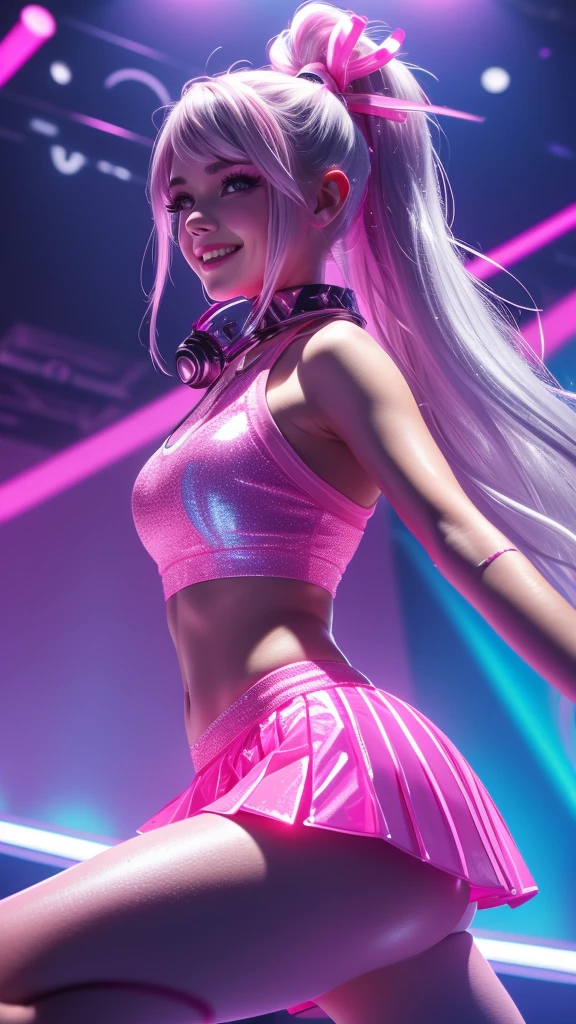 A young DJ with hair in a high ponytail, styled in voluminous waves and decorated with ribbons in shades of pink and silver. She is wearing a pink holographic crop top with sequins, a white pleated skirt with neon pink details, and stylish platform sneakers. On stage in a vibrant club, she plays electronic music, with pink and silver neon lights illuminating the environment. Related silver headphones around her neck as she raises one arm in the air like a cheerleader, smiling directly at the camera with confidence and infectious energy, while the crowd around you follows your lively rhythm.