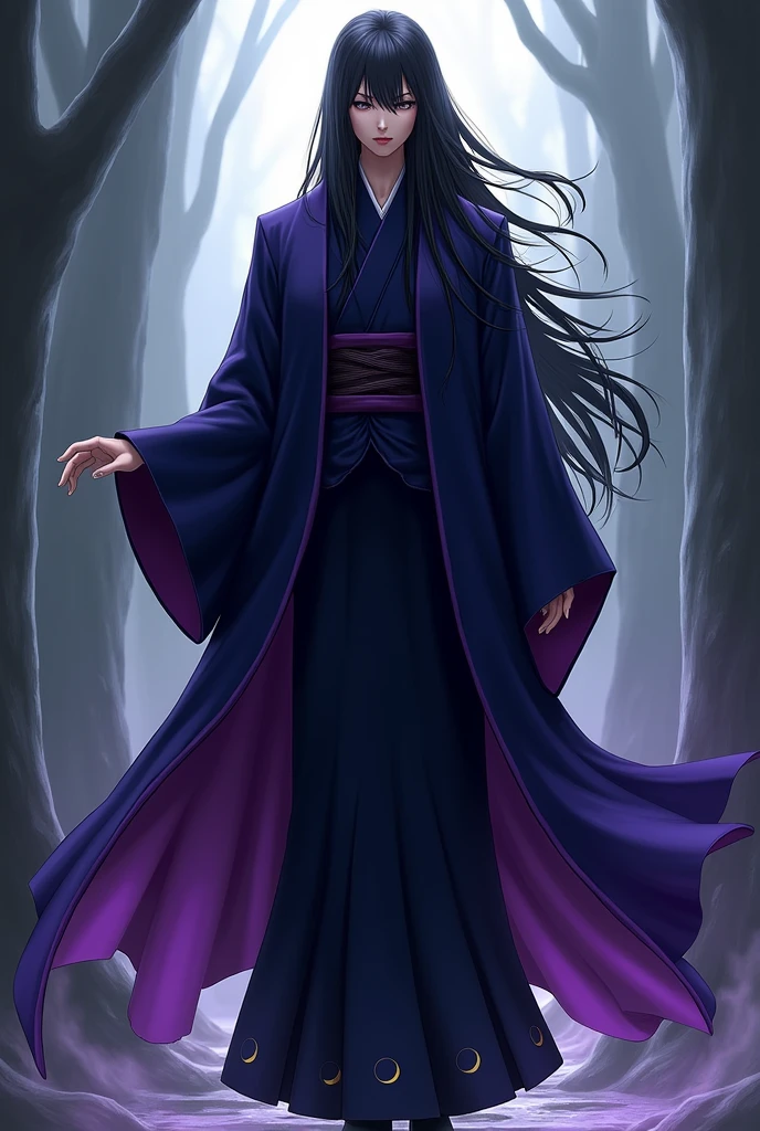 I want a Demon Slayers character that has long black hair that has a navy blue uniform and that has a purple haori and that has moons on the bottom