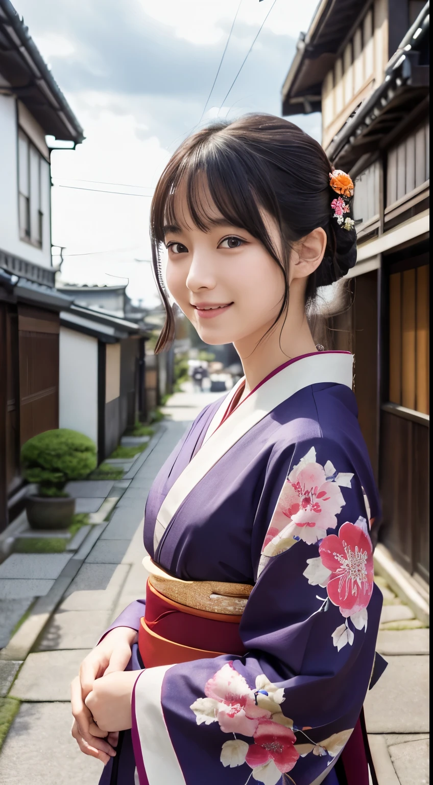 Professional Lighting,(Realistic:1.4), (Top image quality:1.0), (超High resolution:1.0), 8k, Raw photography, (masterpiece:0.2), (Dealing with the Children_v1:0.5)、(最高quality Detail:1.2)、Realistic、8kウルトラHD、High resolution、(1 girl:1.2)、超detailedな、High quality textures、複雑なdetailed、detailed、Very detailed CG、High quality shadows、detailed 美しく繊細な顔、Beautiful details and a delicate eye、(Symmetrical eyes:1.2),Written boundary depth、Ray Tracing,1 girl, Japanese Girls, (Natural smile:1.4),cute, thin, Portrait of a beautiful Japanese woman in a kimono, Standing elegantly on a street corner in Kyoto. Kimono with vibrant traditional patterns, Hair decorated with elegant and delicate hairpins, Gentle expression. (With the old streets of Kyoto in the background:1.4)、The soft light of a spring afternoon、Adding tranquility to the scene. Rendered in a Realistic style with great attention to detail, High resolutionの画像.Sky Porn, Magic Hour, (Realistic:1.3), finely, quality, (Tabletop:1.2), (Realistic:1.2), (最高quality), (複雑なdetailed), dramatic, Ray Tracing, photograph, +roller