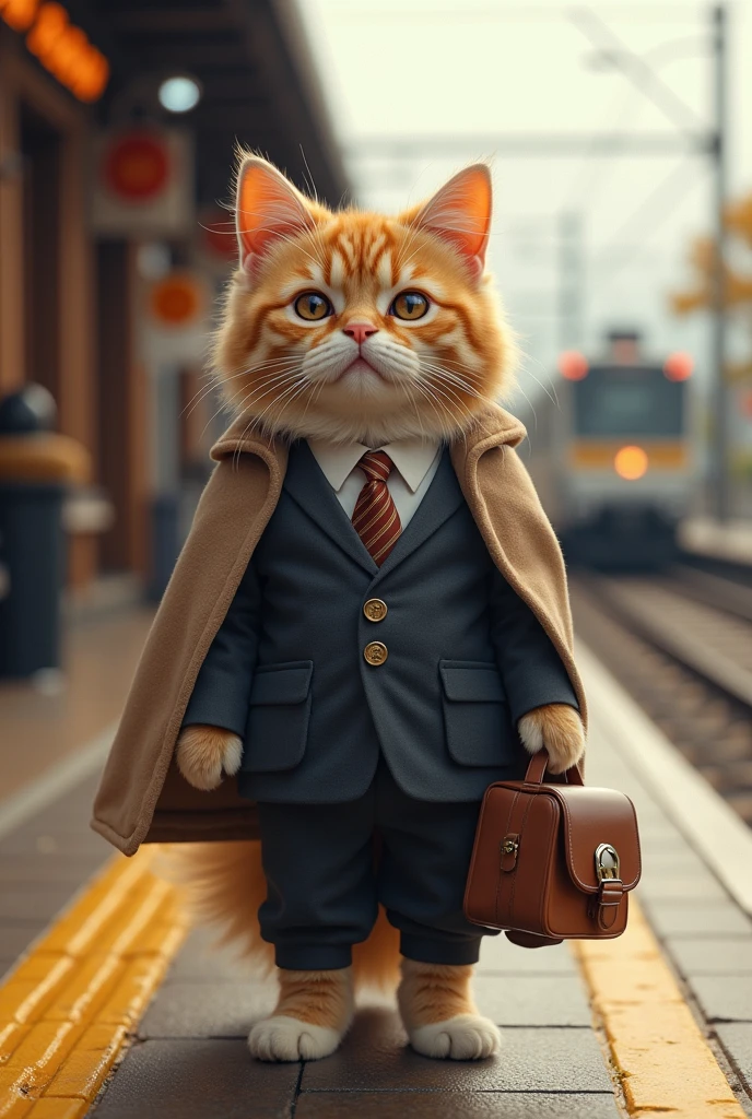 35mm lens，Cat，Standing，doll，Carrying a small school bag，tram，Hokkaido，Autumn Station，Wooden house，Platform， cloak,Ruan Jia,Suit,tie, (Delicate face), (Fine fluffy fur)，（35mm Cinema Lens）