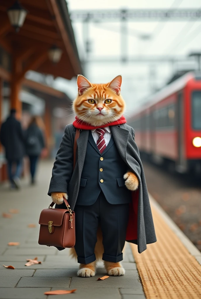 35mm lens,Cat,Standing,doll,Carrying a small school bag,tram,Hokkaido,Autumn Station,Wooden house,Platform, cloak,Ruan Jia,Suit,tie, (Delicate face), (Fine fluffy fur),(35mm Cinema Lens)
