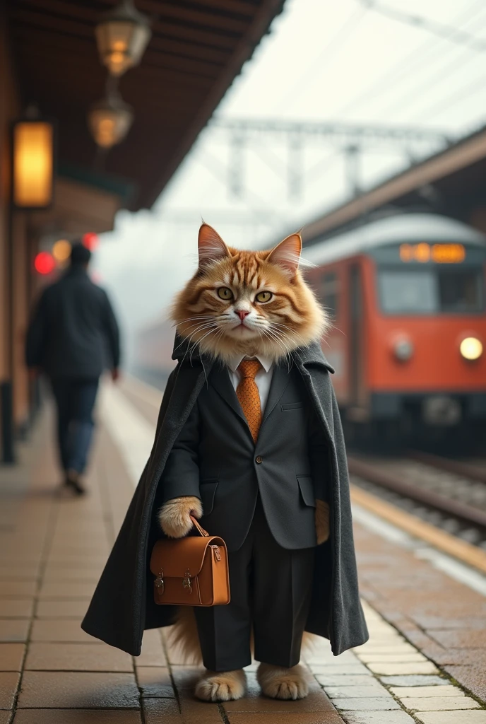 35mm lens,Cat,Standing,doll,Carrying a small school bag,tram,Hokkaido,Autumn Station,Wooden house,Platform, cloak,Ruan Jia,Suit,tie, (Delicate face), (Fine fluffy fur),(35mm Cinema Lens)