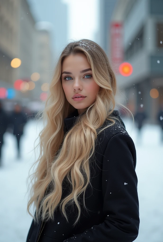 proFessional portrait photograph oF a gorgeous Norwegian girl in winter clothing with long wavy blonde hair, sultry Flirty look, gorgeous symmetrical Face, lindo maquillaje natural, wearing elegant warm winter Fashion clothing, ((parado afuera en una calle nevada de la ciudad)), impresionante entorno urbano moderno, ultra realista, Arte conceptual, elegant, muy detallado, Intrincado, sharp Focus, depth oF Field, F/1. 8, 85mm, tiro medio, plano medio, (((proFessionally color graded))), bright soFt diFFused light, (volumetric Fog), tendencia en instagram, hdr 4k, 8K