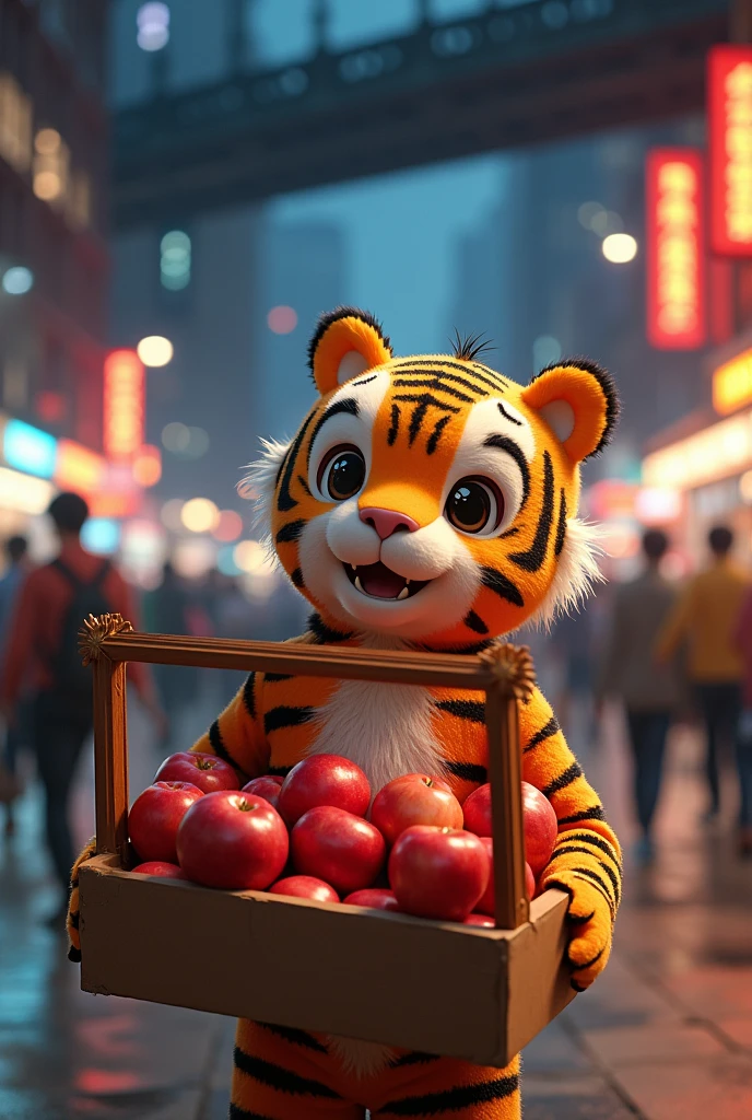 A person wearing tiger doll clothes,Carrying a frame,The box is full of Zhaotong Honglu apples,Tiger holding apples and selling them on the busy street,On the pedestrian bridge in the downtown area,Background is the city night scene,
