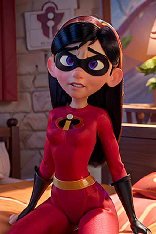 2 Girls, Violet Parr, Incredibles, Leotard, Laying In Bed, Disney Pixar Animated Style, detailed face, beautiful eyes, medium breasts, sex positions, "ah ah ah"