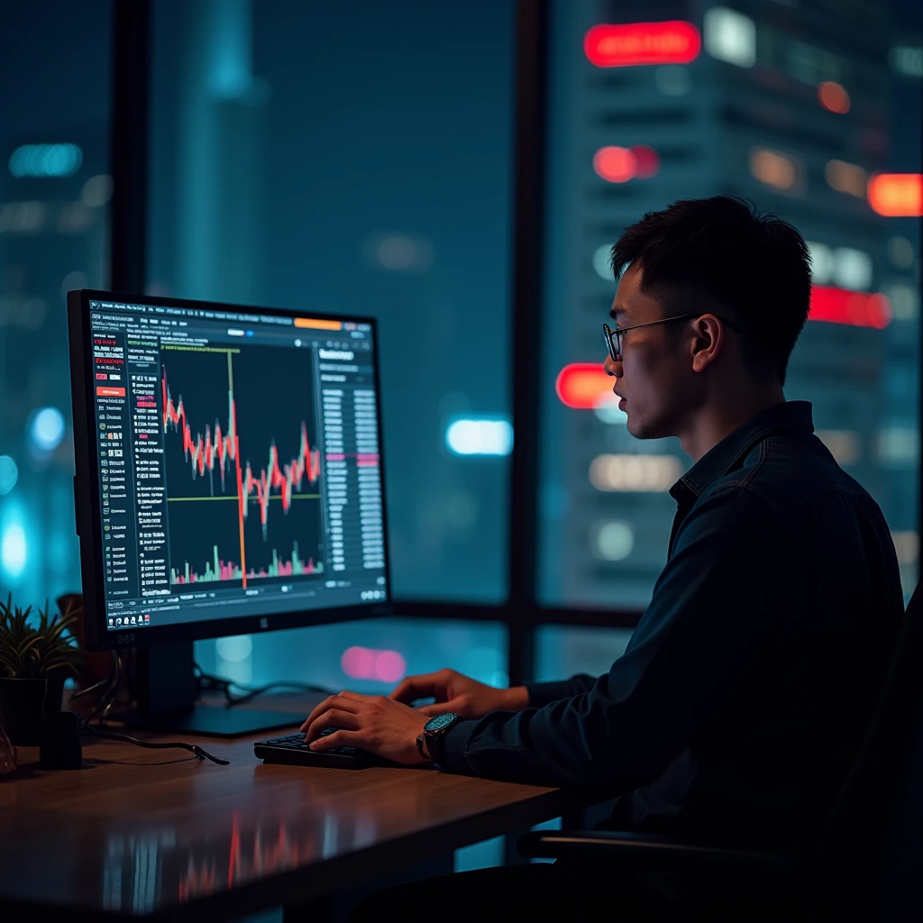 Chinese trader man working on computer in front of chart hacking the system