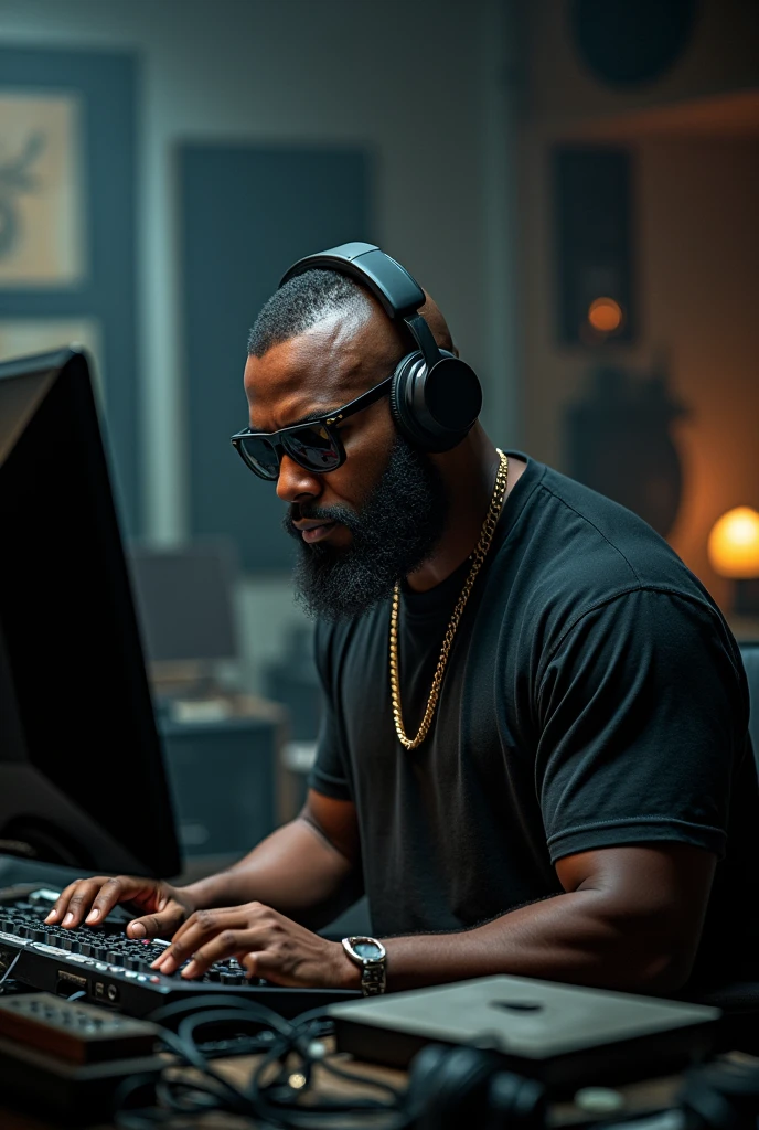 Big fat black guy with headphones and shades  on making hiphop beats on a computer with a taper fade haircut
