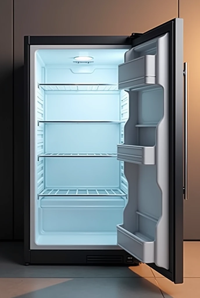 creates a small open and empty minibar fridge in front view
