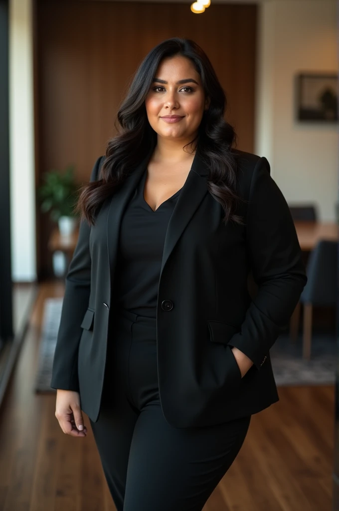 Beautiful Moroccan woman, 28 years old, with dark brown almond-shaped eyes, an oval face shape, in a professional black suit, modest business black suit, relaxed and graceful, full body view, attending a high-profile business meeting, a modern conference room setup, sophisticated decoration visible in the background, she has a plus size body, with a height of 1.67 m, a bust size of M, and very realistic skin texture, her naturally wavy hair frames her prominent cheekbones, the photo is in high resolution, masterpiece quality, with complex details, sharpness, and detailed skin and eye textures, captured in 4k resolution with a Canon camera, featuring a serene expression, depth of field, Kodak Vision color, ultra-realistic photography, and post-processing to ensure maximum detail, true to life, resembling an Instagram model
