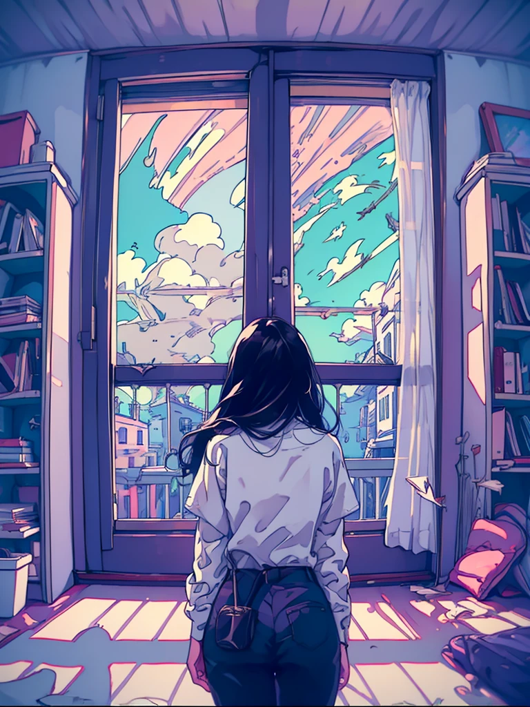 (1girl in), 20yr old, Detailed details, A dark-haired, length hair, (White underwear), White shirt, In front of a large window, (Stand facing the window), plays the guitar, posterior view, inside in room, Hardwood flooring, bookcase, houseplant, Big clouds outside the window, portlate,Evening glow
