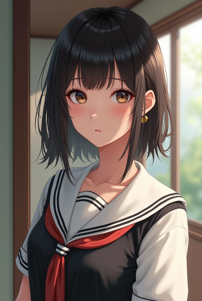 Realistic beautiful girl、Tanuki face、Large Breasts、Natural pose、High Detail、Photorealistic、low length、15 years old、uniform、Natural lighting