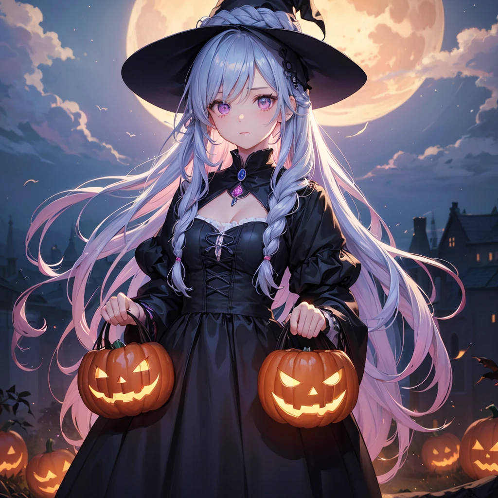 (Sky blue braided medium length hair:1.2), (Pink eyes),Fair skin)  ,(whole body),(One Girl),(Crescent Moon),(A large number of pumpkin ghosts in the background),(Trick or Treat),Halloween Party),(masterpiece, Highest quality, Very detailed, Best Shadow), (Detailed Background), (Beautifully detailed face), High Contrast, (Best lighting, Very delicate and beautiful), ((Cinematic Light)), Hyper Detail,8k, Dramatic Light, Intricate details,Witch&#39;s Clothes,Magic broom,night,Bats fly in the sky,