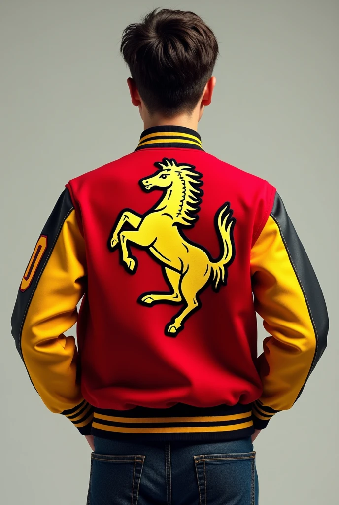 Red Ferrari high school jacket, yellow, black and white with a stallion logo on the back, in the center above that which says P. Gomez, on the left sleeve there is a 30, On the front of the jacket on the left side it says EPSR with the Ferrari font ( to see the front and the back)