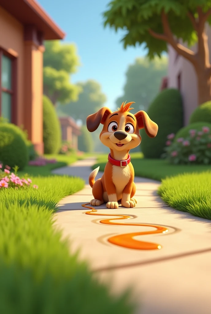 A grassy sidewalk with a dog peeing pixar style