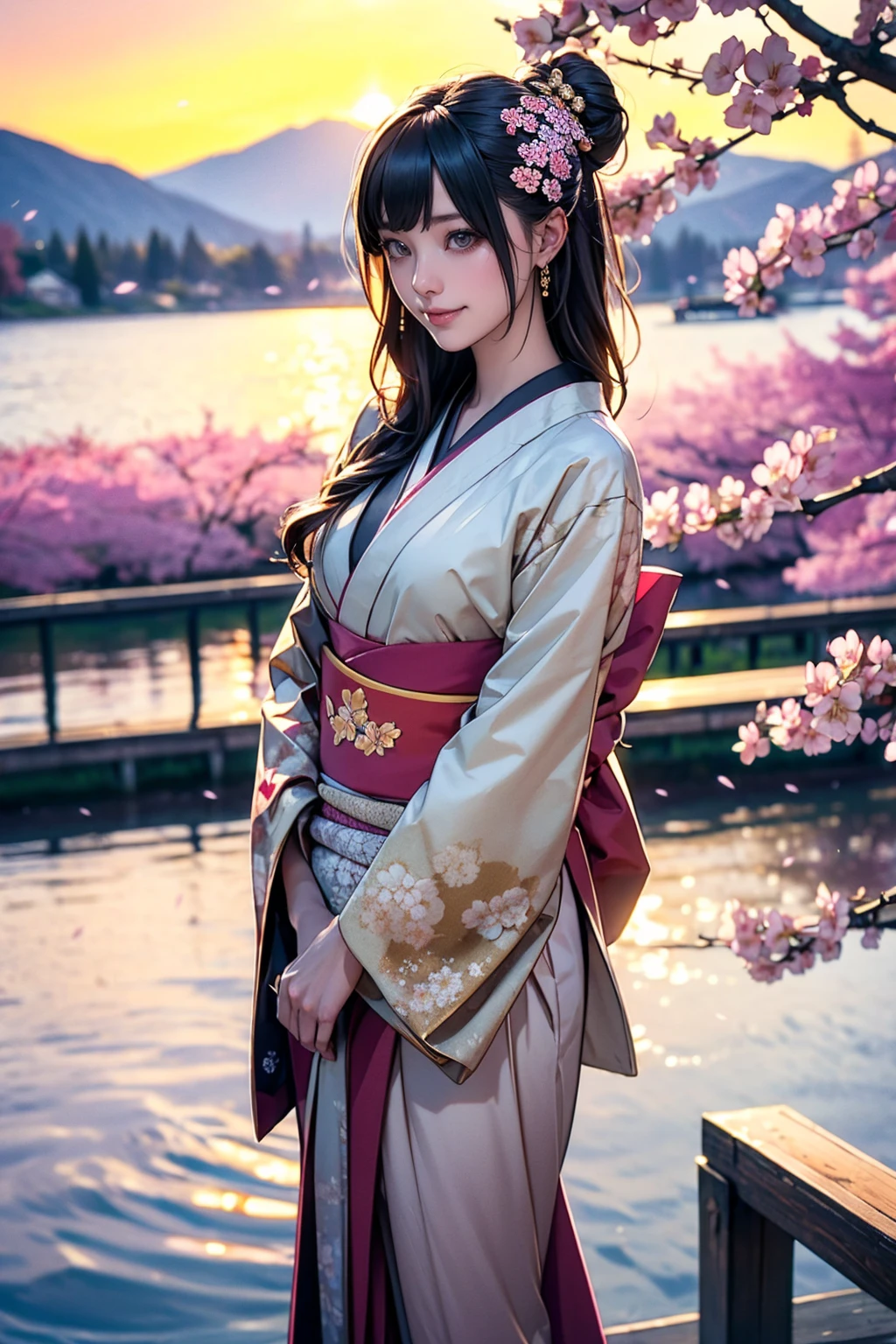masterpiece, Highest quality, detailed, (One girl), alone, detailed golden eyes, Long Hair, Are standing, Close to the audience, (detailed kimono, Punk rock style), A light smile, Medium chest,  (Put your arms behind your back), water, sunset, (hair ornaments), (Cherry blossoms bloom),  Lake with snowy mountains in the background