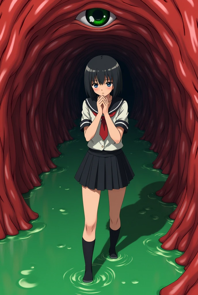 In a very narrow circular cave, The cave walls were made of wavy red jelly with vein-like patterns. , There is a large eye on the ceiling of the cave. :: There was a young Japanese woman with short black hair and wearing an office uniform. Wear a short skirt Wear long black socks, She played in the green oil that flooded the cave., She curled up like a fetus., She acted shocked., Her hands held her own.