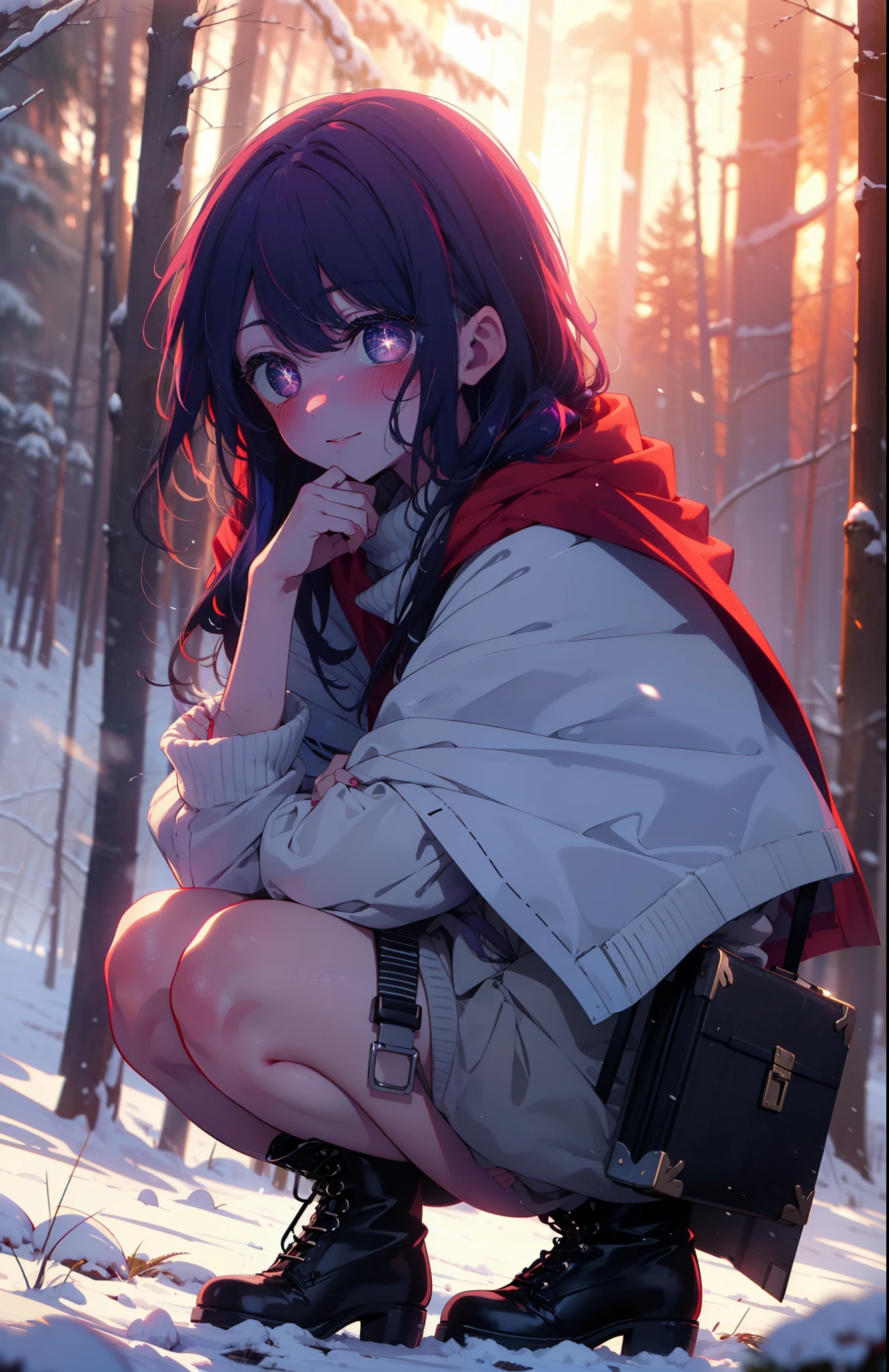 aihoshino, Ai Hoshino, Long Hair, bangs, (Purple eyes:1.1), Purple Hair, (Symbol-shaped pupil:1.5), smile,,smile,blush,white breath,
Open your mouth,snow,Ground bonfire, Outdoor, boots, snowing, From the side, wood, suitcase, Cape, Blurred, , forest, White handbag, nature,  Squat, Mouth closed, Cape, winter, Written boundary depth, Black shoes, red Cape break looking at viewer, Upper Body, whole body, break Outdoor, forest, nature, break (masterpiece:1.2), Highest quality, High resolution, unity 8k wallpaper, (shape:0.8), (Beautiful and beautiful eyes:1.6), Highly detailed face, Perfect lighting, Extremely detailed CG, (Perfect hands, Perfect Anatomy),