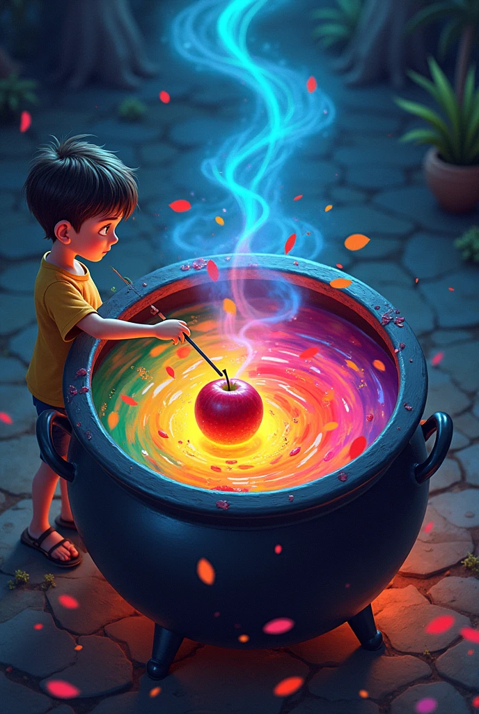 A magical cauldron of colors while a 12-year-old boy puts an apple with a stick into the cauldron, painting his apple with the color that is in the cauldron, disney style, that the image has a top view