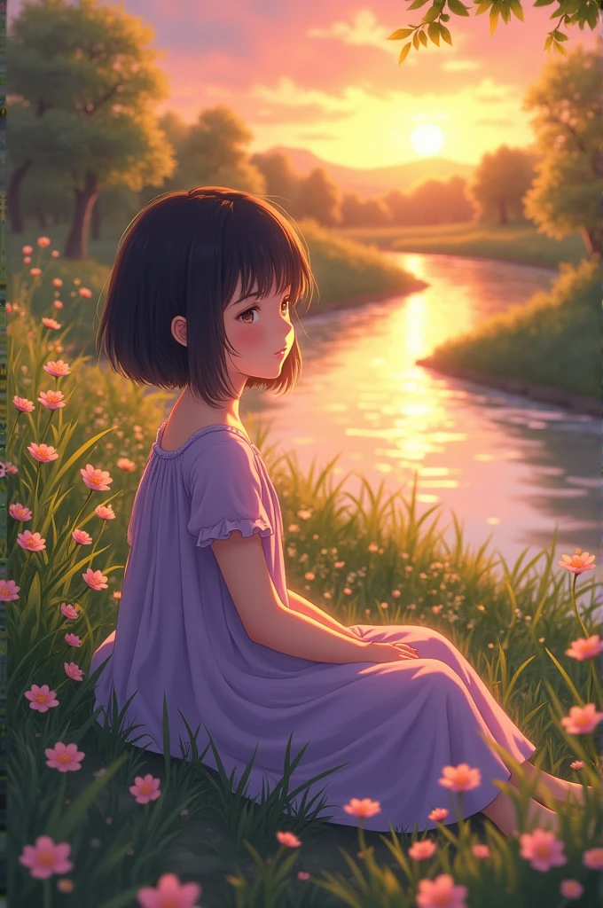 Photo of a young girl sitting in a garden by a river with sunset lighting in a spring purple dress with short black hair