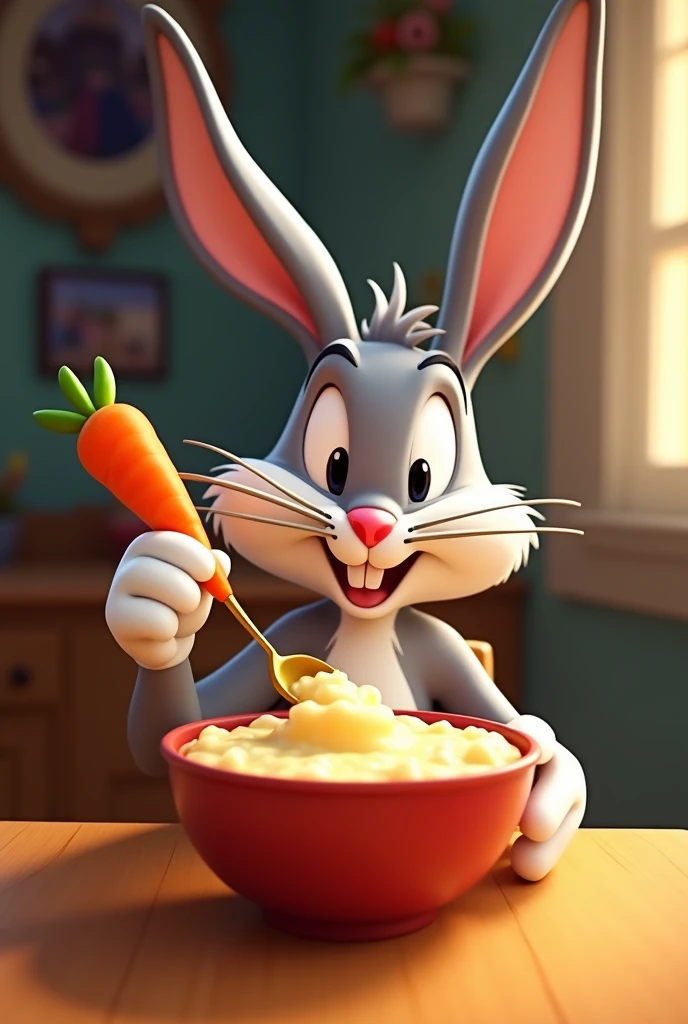 Bugs Bunny eating rice pudding with a carrot spoon