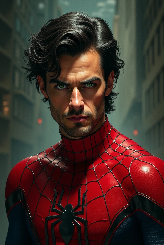 Green eyed man, Bblack hair, defined face dressed as spider-man 
