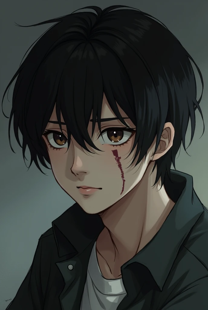 Human boy, , black hair, brown, empty eyes, a scar from a sword cut on his face from the lower part of his right jaw next to his right eye, regular appearance, neither very handsome nor very ugly