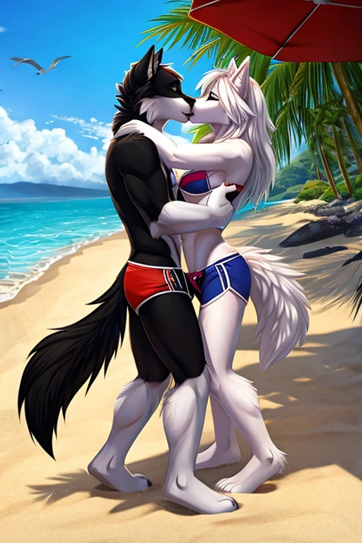 White wolf and black wolf bikini wearing short beach shorts kissing