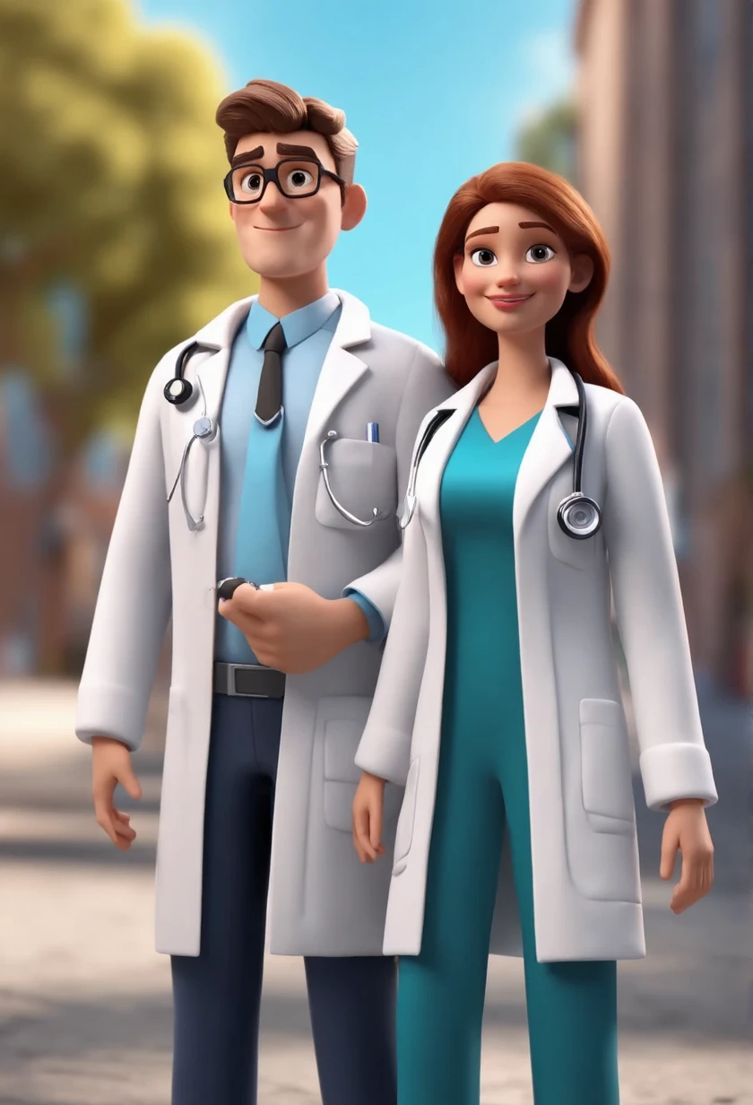 Cartoon Character Couple Of adult Doctors Wearing Lab Coat with tethoscope In A College and Raises the flag of Britain in hands at head level , an animated character, stylized character, animation style rendering, 3d stylized, , 3 d render stylized, toon render keyshot, 3d character, 3d character, 3d rendering stylized, 3 d character render, cartoon character, Personagem de close up, character posing, (Pixar-style) (bokeh) (best qualityer) (skin detailed) (detailed texture) (8k) (Argilla) (Cinematic lighting) (sharp focus,Sit down and lift your upper body