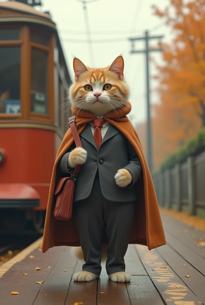 35mm lens,Cat,Standing,doll,Carrying a small school bag,tram,Hokkaido,Autumn Station,Wooden house,Platform, cloak,Ruan Jia,Suit,tie, (Delicate face), (Fine fluffy fur),(35mm Cinema Lens),(Multi-angle shooting),(many viewing angles)
