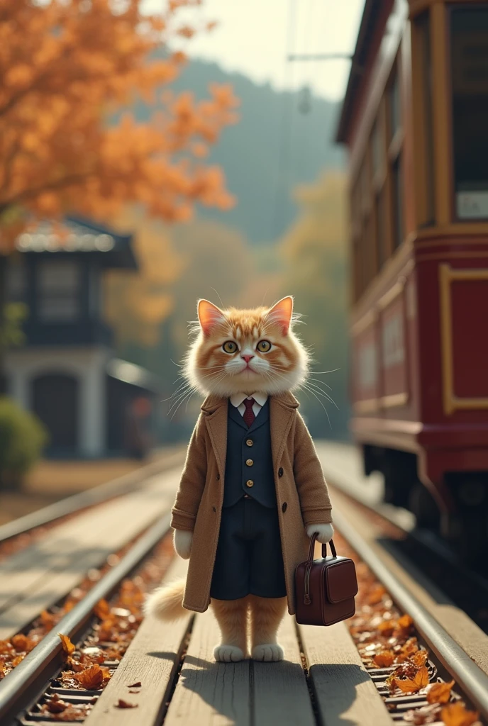 35mm lens，Cat，Standing，doll，Carrying a small school bag，tram，Hokkaido，Autumn Station，Wooden house，Platform， cloak,Ruan Jia,Suit,tie, (Delicate face), (Fine fluffy fur)，（35mm Cinema Lens），（Multi-angle shooting），（many viewing angles）