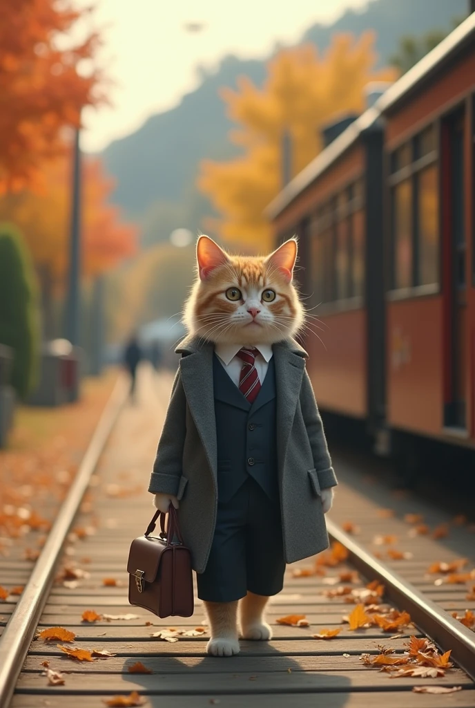 35mm lens，Cat，Standing，doll，Carrying a small school bag，tram，Hokkaido，Autumn Station，Wooden house，Platform， cloak,Ruan Jia,Suit,tie, (Delicate face), (Fine fluffy fur)，（35mm Cinema Lens），（Multi-angle shooting），（many viewing angles）