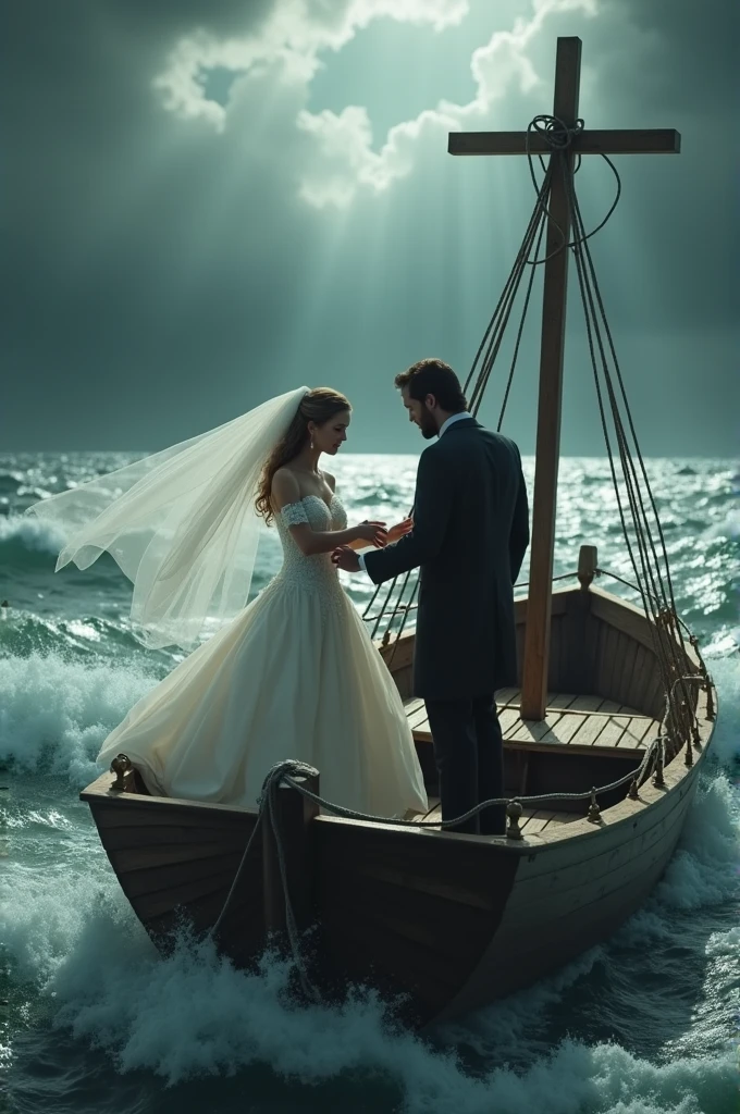 A couple dressed as wedding couples in a boat during a storm and Jesus Christ as captain.