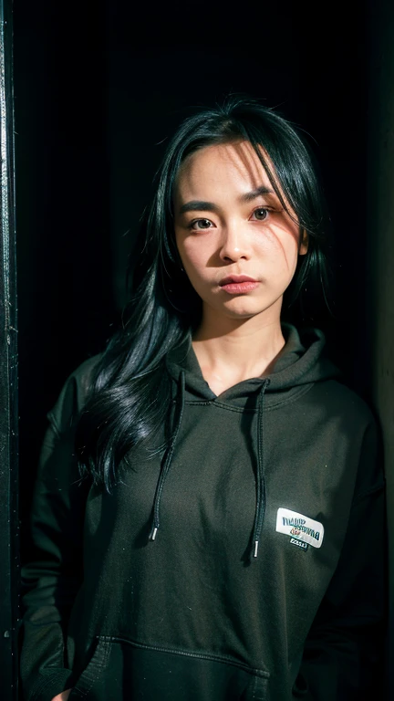 Masterpiece, best quality, ultra high resolution, hyper realistic, realistic, (photorealistic:1.4), masterpiece of analog film photograph a girl in the dark, expressionless, wearing black hoodie, taken by Hideaki Hamada using Pentax 67II and Kodak Portra, basement background