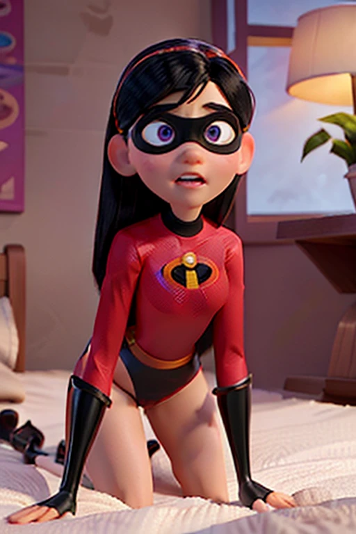 2 Girls, Violet Parr, Incredibles, Leotard, Laying In Bed, Disney Pixar Animated Style, detailed face, beautiful eyes, medium breasts, sex positions, "ah ah ah", on all fours