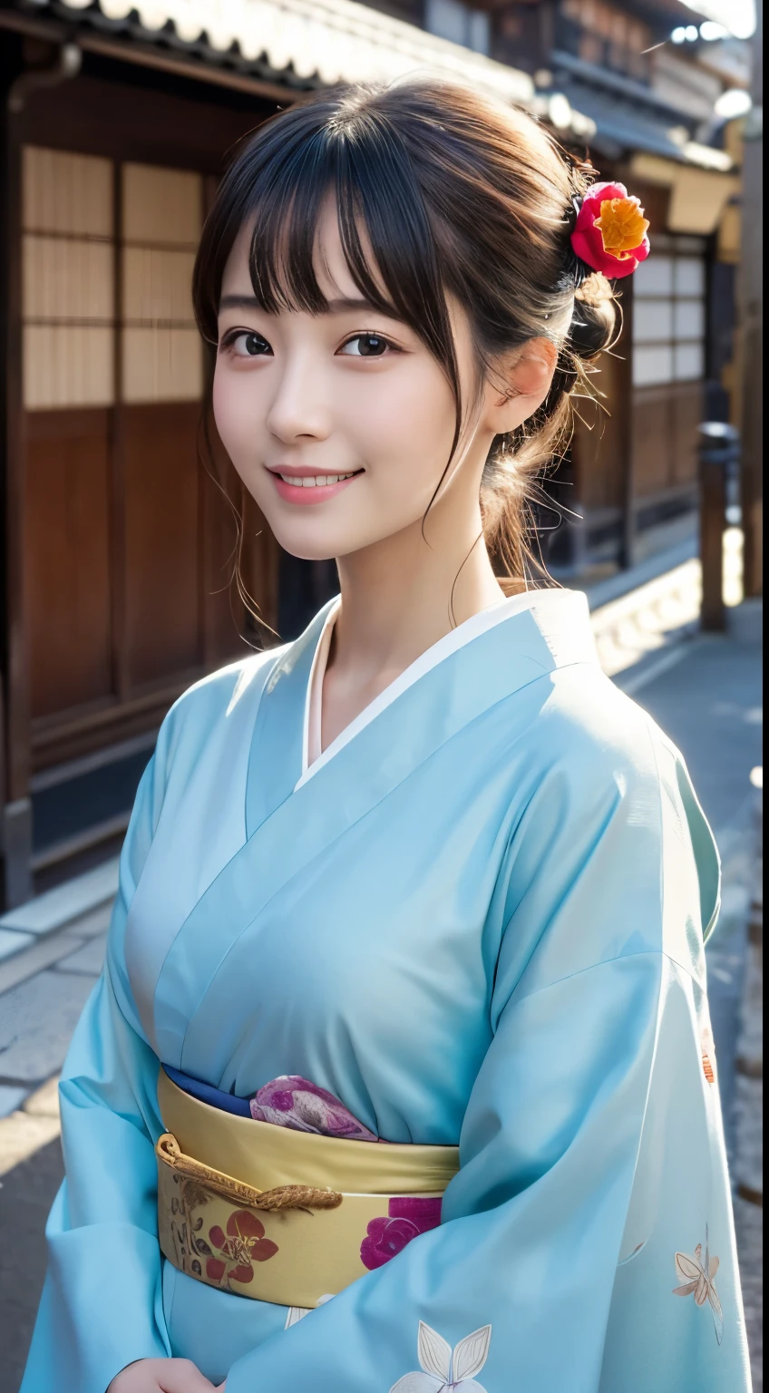 Professional Lighting,(Realistic:1.4), (Top image quality:1.0), (超High resolution:1.0), 8k, Raw photography, (masterpiece:0.2), (Dealing with the Children_v1:0.5)、(最高quality Detail:1.2)、Realistic、8kウルトラHD、High resolution、(1 girl:1.2)、超detailedな、High quality textures、複雑なdetailed、detailed、Very detailed CG、High quality shadows、detailed 美しく繊細な顔、Beautiful details and a delicate eye、(Symmetrical eyes:1.2),Written boundary depth、Ray Tracing,1 girl, Japanese Girls, (Natural smile:1.4),cute, thin, Portrait of a beautiful Japanese woman in a kimono, Standing elegantly on a street corner in Kyoto. Kimono with vibrant traditional patterns, Hair decorated with elegant and delicate hairpins, Gentle expression. (With the old streets of Kyoto in the background:1.4)、The soft light of a spring afternoon、Adding tranquility to the scene. Rendered in a Realistic style with great attention to detail, High resolutionの画像.Sky Porn, Magic Hour, (Realistic:1.3), finely, quality, (Tabletop:1.2), (Realistic:1.2), (最高quality), (複雑なdetailed), dramatic, Ray Tracing, photograph, +roller