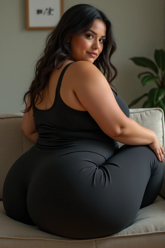 A woman sitting with huge buttocks in leggings