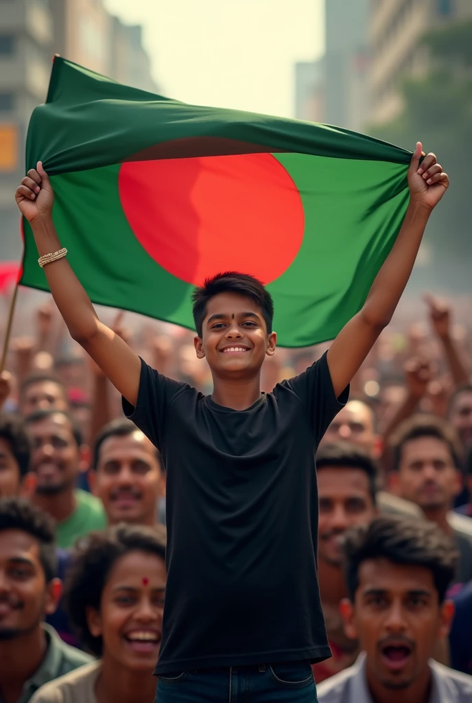 A 15-year-old teenager is cheering for victory with a Bangladeshi flag in his hand on the streets of the capital, many people behind him. Wearing a black shirt.