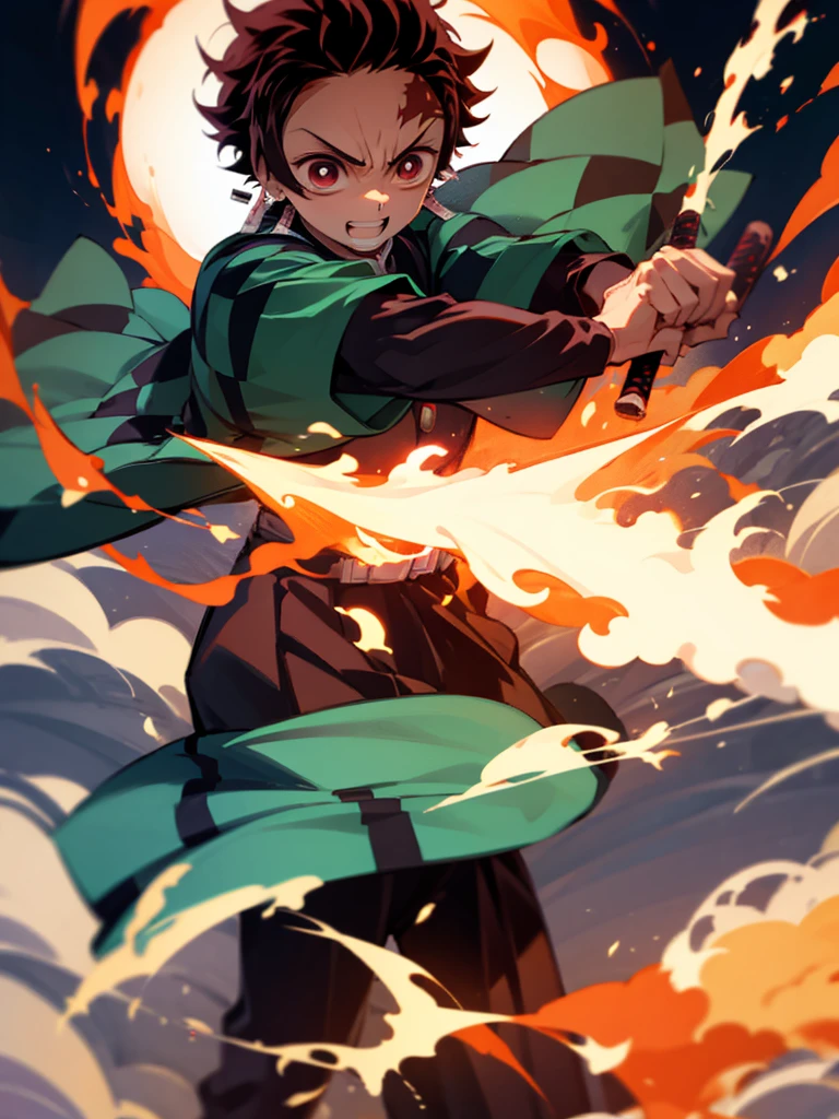 Boy (Tanjiro) using sword, fire coming from sword, happy look,