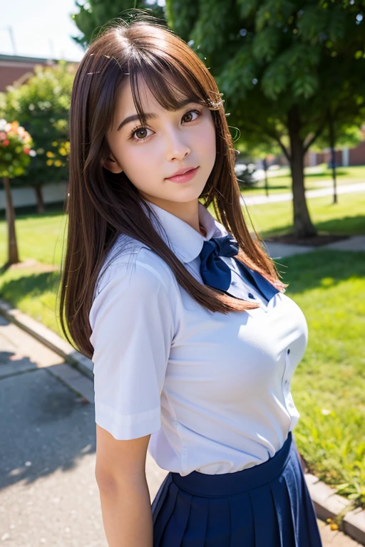 Realistic beautiful girl、Childishness、Large Breasts、Natural pose、High Detail、Photorealistic、low length、、School uniforms、Natural lighting