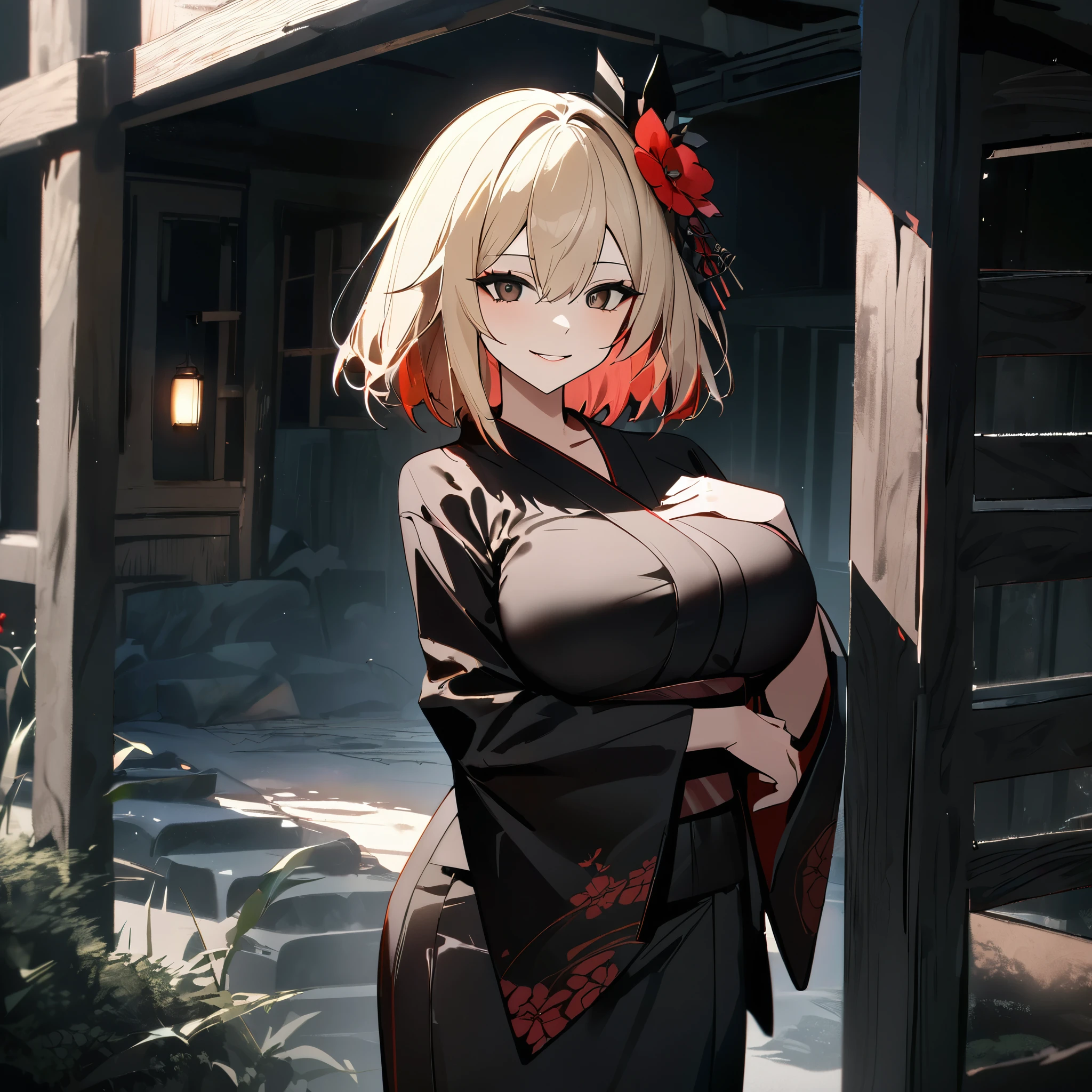 A woman wearing a black Yukata with red flower designs, long-sleeved yukata, big breasts, blonde hair, short hair, red bangs, multicolored hair, brown eyes, smiling, perfect lips, perfect eyes, red and black flowers in her hair. sadistic smile, evil smile, small eye pupil, dark aura, in an abandoned Japanese house, dark place with lighting, (Azur_lane, KMS_Roon,)UHD , prime work , accurate , anatomically correct , textured skin , super details , high quality , best quality, 8k, high resolution, bokeh effect. (woman alone), realistc.
