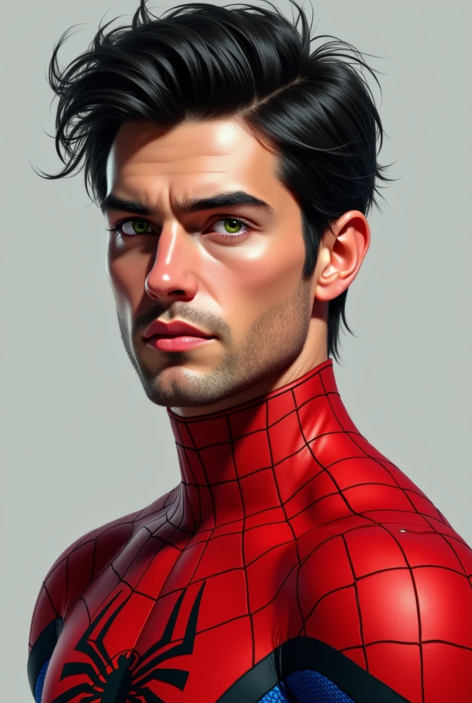 Green eyed man, very short black hair, defined face without beard dressed as Spider-Man 