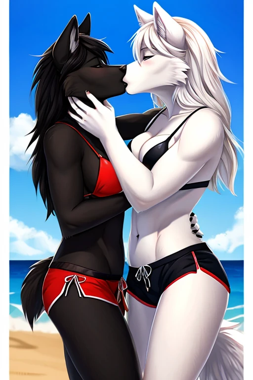 White wolf and black wolf bikini wearing short beach shorts kissing 