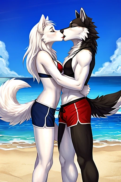 White wolf and black wolf bikini wearing short beach shorts kissing