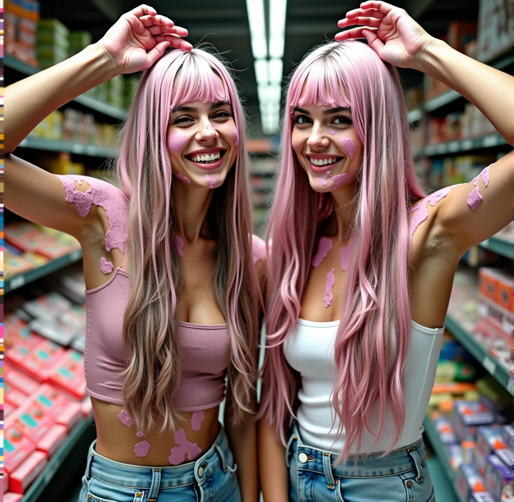 image featuring the two Italian girls nude in their twenties playfully covering their long straight voluminous brunette hair with gum paste, . The paste is sticky and covers their hair with an even more increased amount of paste on them and around the market!