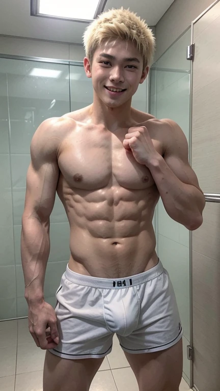 Japanese men、、Well-developed muscles and smooth skin、Spiky light blonde hair、Relaxed and friendly smile、Tight boxer briefs、The whole body is visible from toes to head、Fist pump in the bathroom、