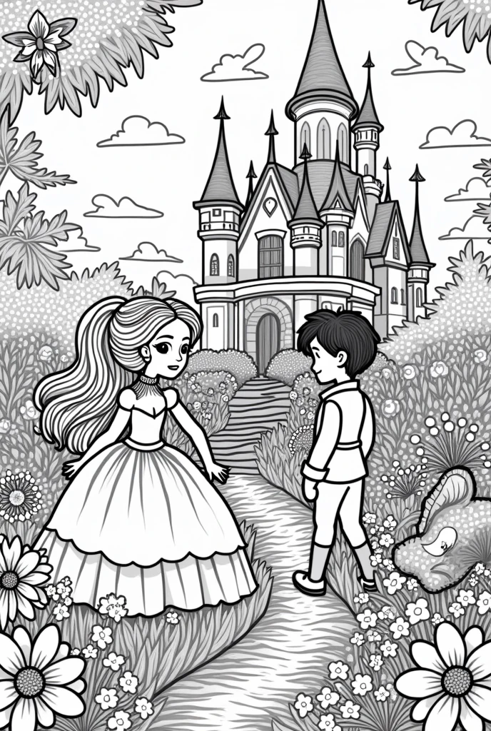 A castle with a garden, a princess with blonde hair and a pink dress, a prince with brown hair, a witch with black hair and a purple dress and a dragon. A COLORING PAGE For children