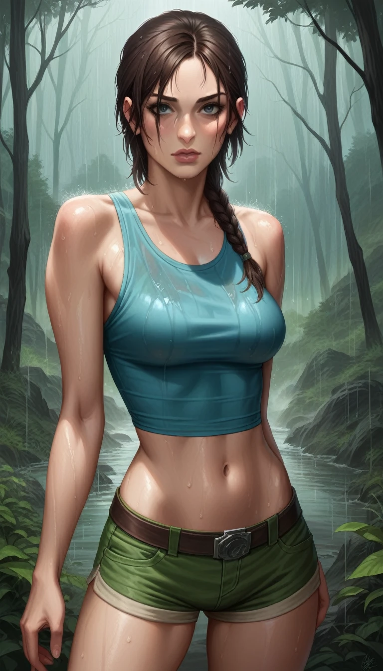 Lara Croft, Shadow of the Tomb Intruder, He wore a blue cropped tank top and small, low-waisted shorts., Showing the midriff, detailed face, attractive face, hot, sexy, beautiful body features, hourglass body figure, body, Curved flanks, Flat stomach, no belly, Forest environment, wet atmosphere, Heavy rain, storm, wet & dirty skin, unreal engine, Realistic picture, dynamic light, poster, Volumetric light, high resolution, detailed texture