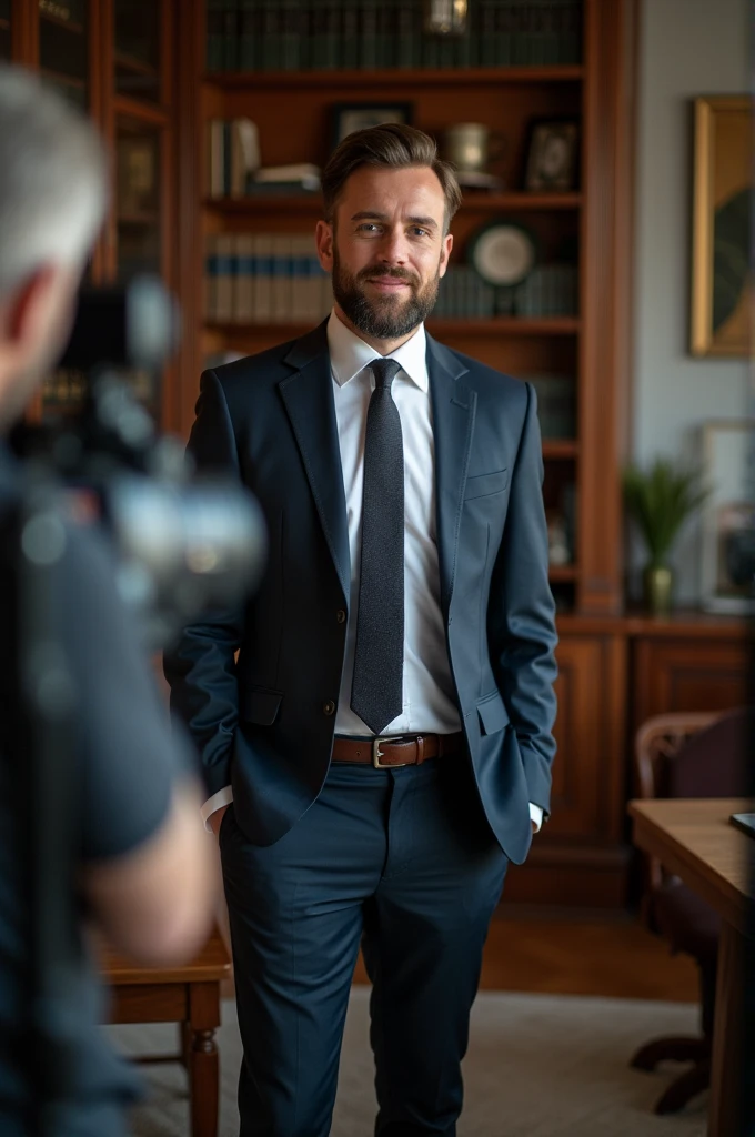 A professional man see in Camara in his room for video for youtube 