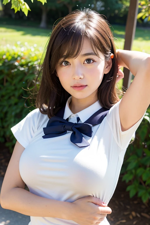 Realistic beautiful girl、Childishness、Large Breasts、Natural pose、High Detail、Photorealistic、low length、、Habata School Uniform、Natural lighting