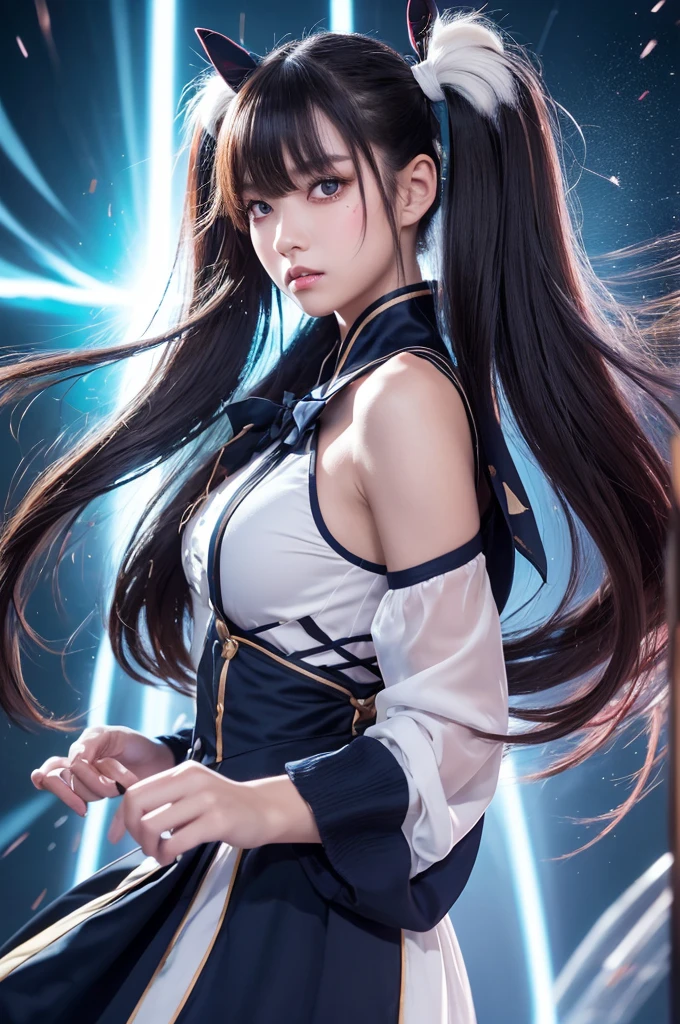 Twin tails female mage, 1 attractive, Expressive long hair, Twin tails, break: A rapidly approaching audience, Charge while performing a magic attack, Quick battle preparation, break Sexy Magic Clothes, Only the clothes are green, Luxurious silk texture, Top quality decoration, Detailed and attractive skin, break Express explosive acceleration with motion blur, break Aesthetic twin tails hair fluttering backwards during rapid acceleration, Adult sex appeal, break Professional spray work, Fine and exquisite texture, Detailed and exquisite brushwork, Detailed and vivid depiction, Anatomically correct, Absurd aesthetics, break Unleash the magic of transparent full color in your hands, Holographically coated attack magic, break (Approach with a forward leaning posture, Rapid approach), Glaring at me, Visible red eyes, Dynamic Shot, (Eye-level shot), Ankles inside the frame, break Attractive Twin tails hair, Sudden Magic Attack, Only her hair is a gradation of white and navy blue, Great aesthetics, break Highest quality, Highest Resolution, Octane Rendering, superretinal vision,